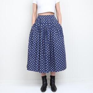 Vintage 80s LizSport Navy Printed Cotton Maxi Skirt Pull On Elastic Waist M